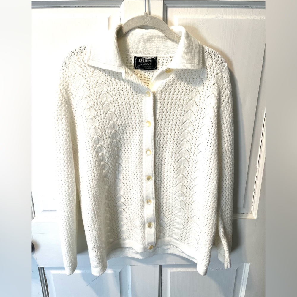 Vintage cream Duet Creations Wintuk collared knit cardigan sweater button m l